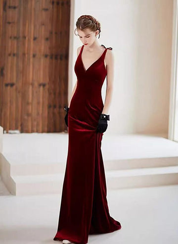 Mermaid Straps Burgundy Long Evening Dress Velvet Prom Dresses SD1508 HZ0628